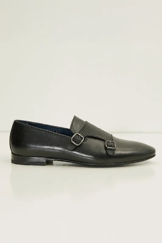 Leather Double Monk Strap Shoes - Black