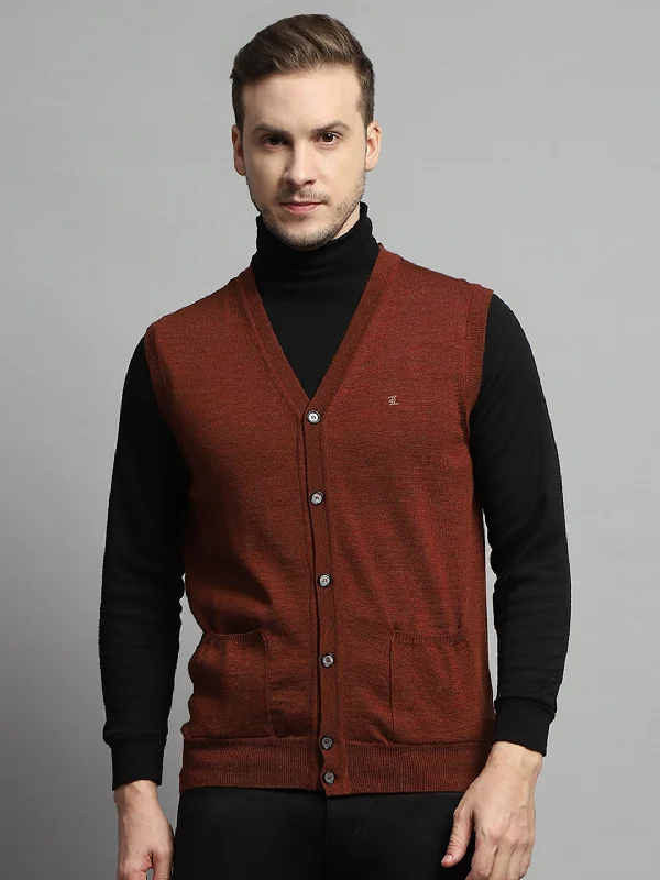 Men Rust Solid V Neck Sleeveless Cardigan