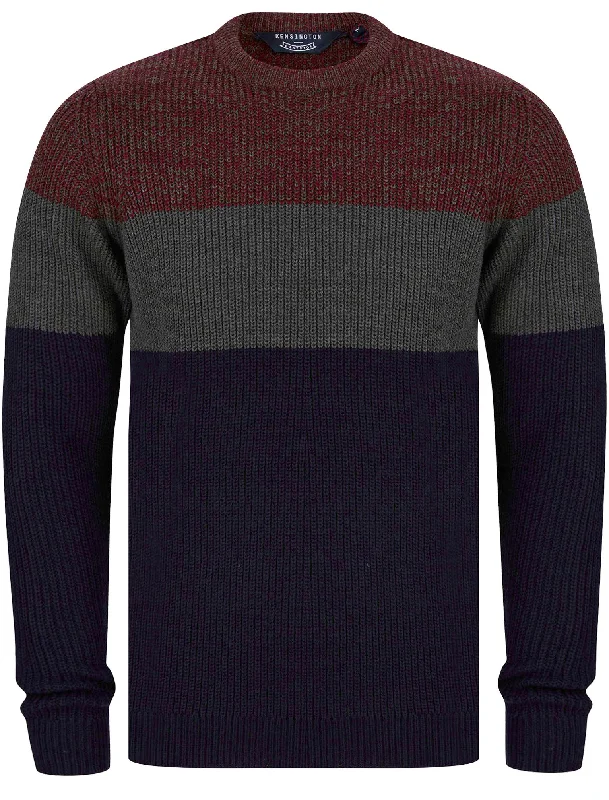 Levy Tri-Colour Block Crew Neck Soft Knitted Jumper in Claret - Kensington Eastside