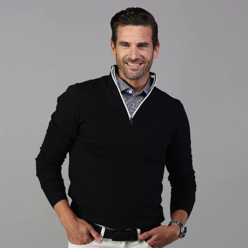 Black with White Trim Luxury Touch Cotton and Cashmere Quarter Zip Sweater