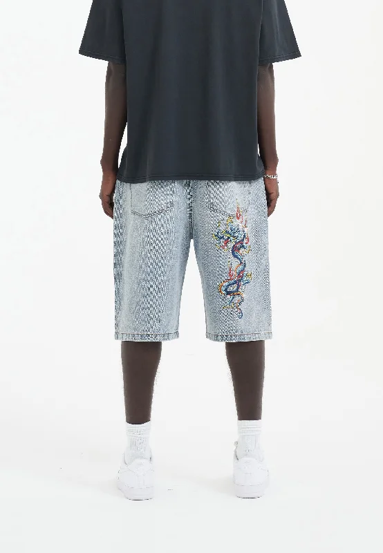 Mens Battle-Dragon Diamante Denim Jorts Shorts - Bleach