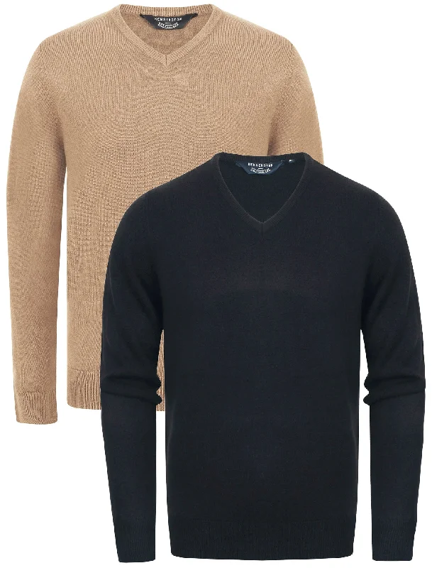 Marling (2 Pack) Soft Cashmillon Knitted V Neck Jumpers in Dark Navy / Taupe - Kensington Eastside