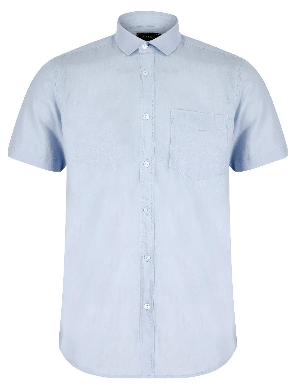 Bertrand Classic Collar Short Sleeve Cotton Linen Shirt in Soft Blue - Tokyo Laundry