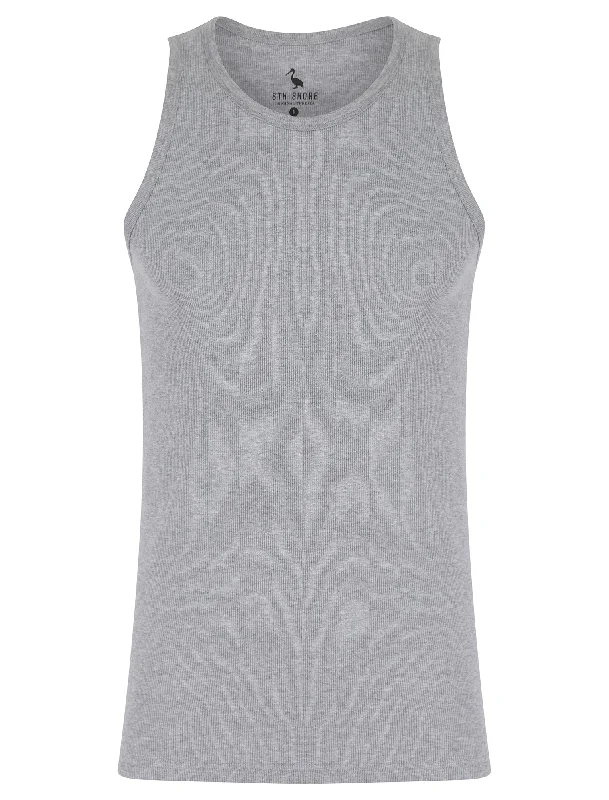 Jeremy Cotton Ribbed Plain Vest Top in Light Grey Marl - South Shore