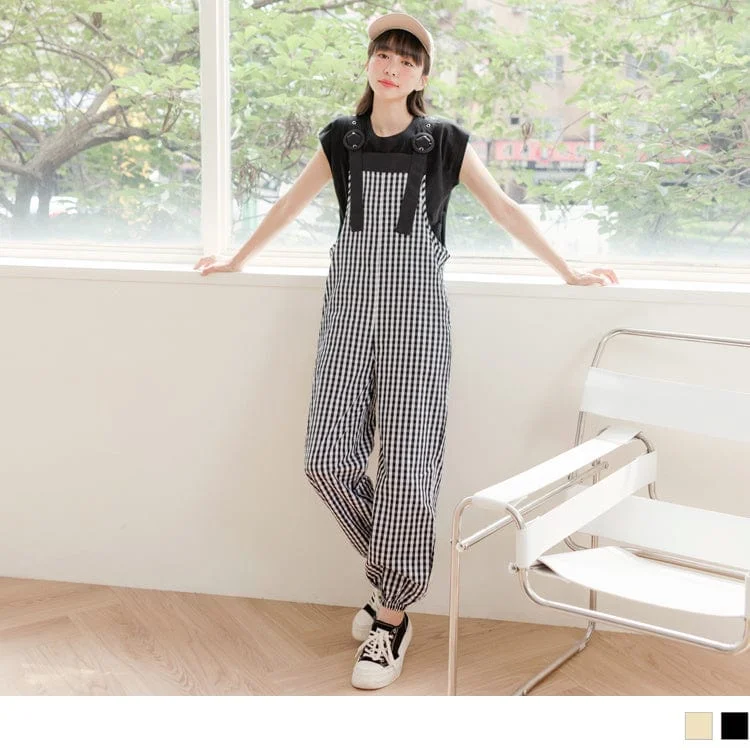 MEDIUM WAIST COTTON CHECKED DUNGAREE PANTS