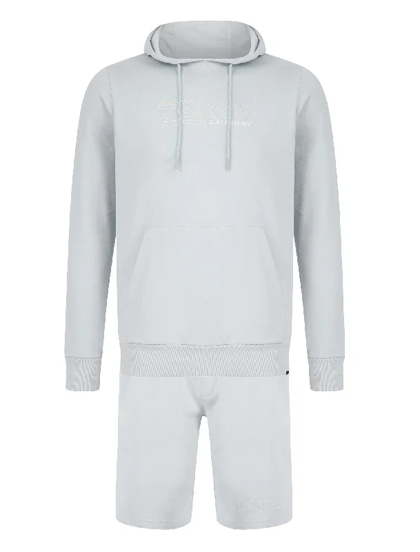 Brody Motif Brushback Fleece Pullover Hoodie and Jogger Shorts Set in Pale Blue - Tokyo Laundry