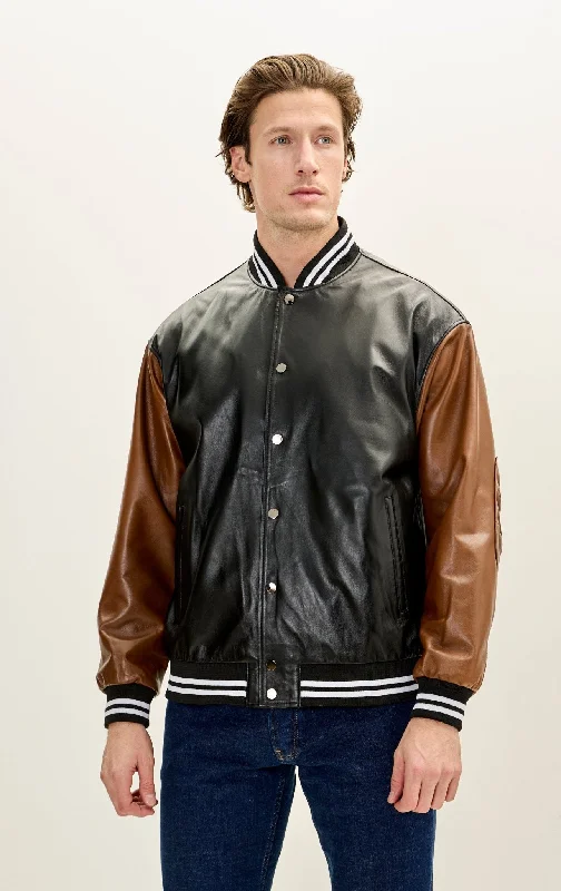 Two Tone Varsity Leather Jacket - Black Brown