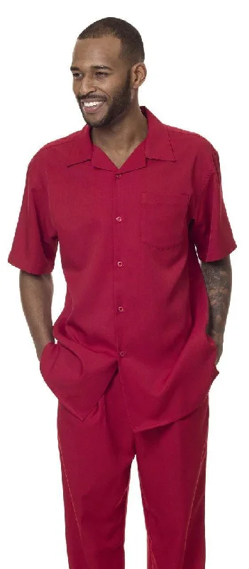 Montique Men's 2 Piece Short Sleeve Walking Suit Solid Red