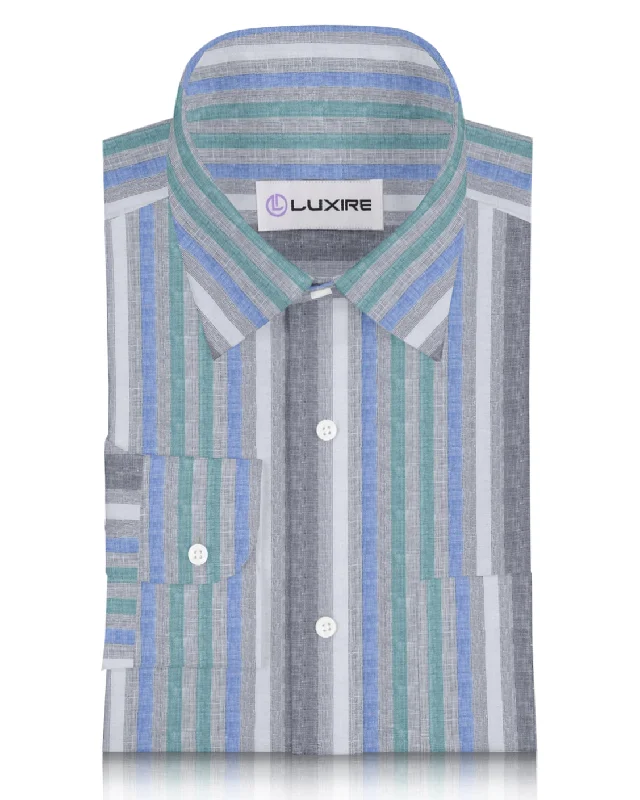 Linen: Green Blue White Tape Stripes On Grey Madras Shirt