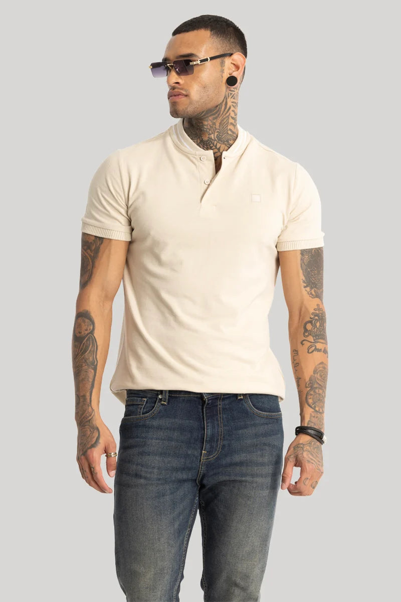 Baseball Collar Cream Polo T-Shirt