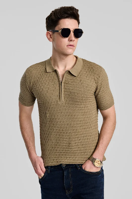 Khaki Zipper Knitted Polo T-Shirt