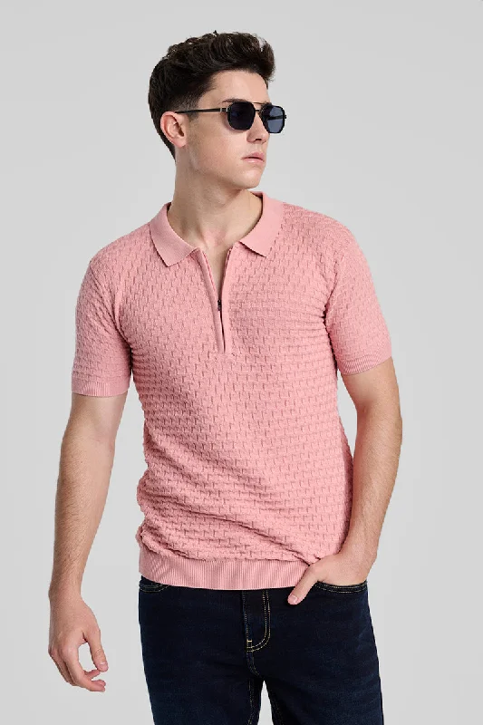 Light Pink Zipper Knitted Polo T-Shirt