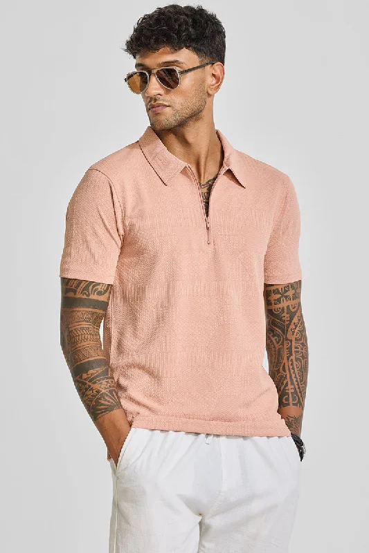 Peach Zipper Textured Polo T-Shirt