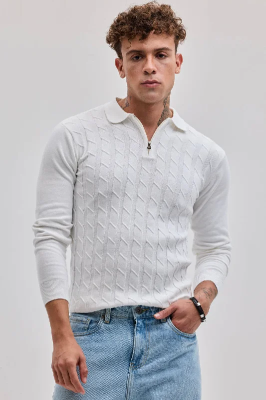 White Zipper Knitted Polo T-Shirt